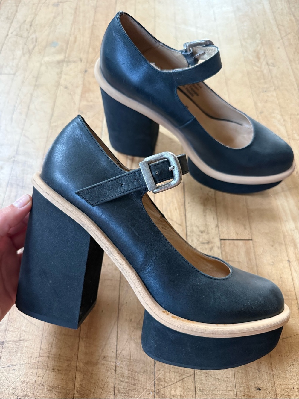 FREE PEOPLE Maggie Mary Jane Platform Heels Black Leather 38 US 7